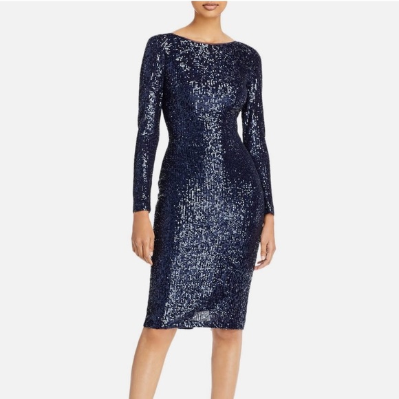 AQUA FORMAL NAVY SEQUIN BOAT NECK SHEATH DRESS - Picture 1 of 16